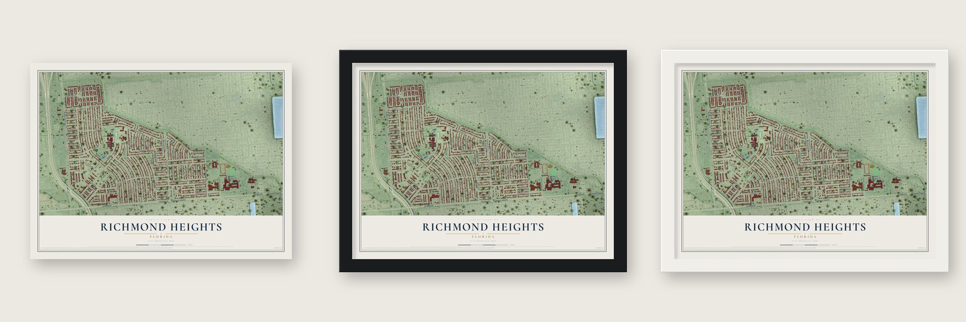 Richmond Heights, Florida map unframed, in a black wood frame and in a white wood frame