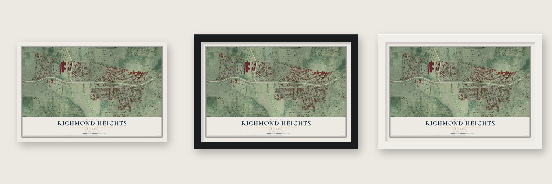 Richmond Heights, Missouri map unframed, in a black wood frame and in a white wood frame