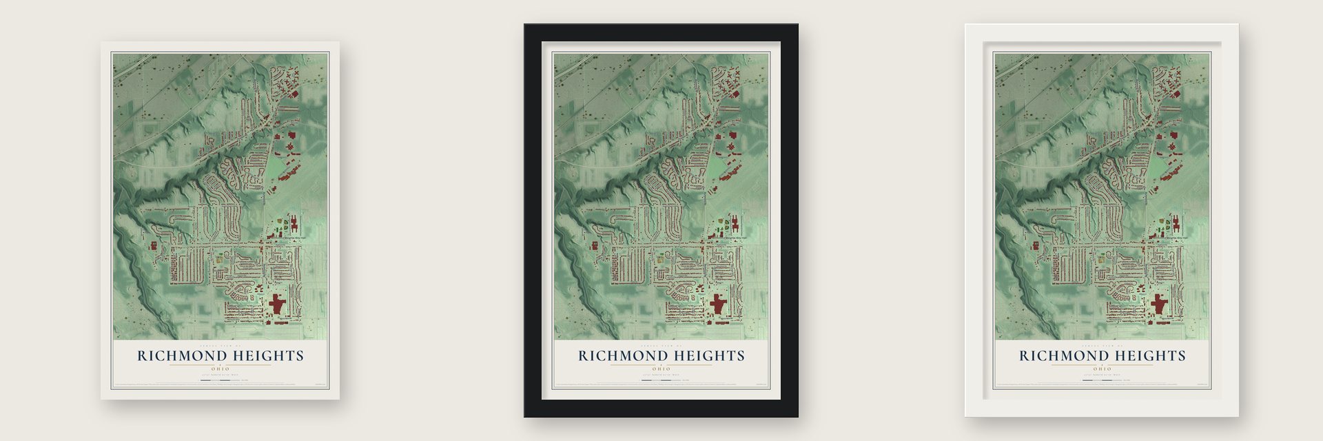 Richmond Heights, Ohio map unframed, in a black wood frame and in a white wood frame
