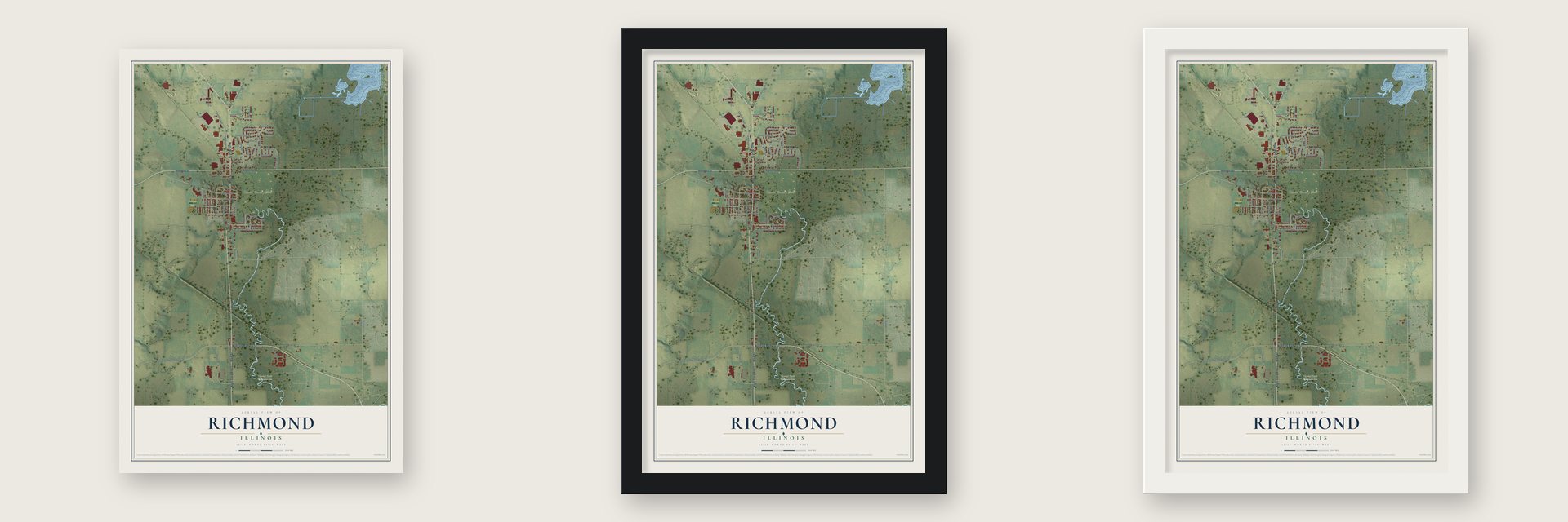 Richmond, Illinois map unframed, in a black wood frame and in a white wood frame