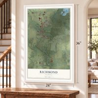 Richmond, Illinois map, 24 x 36 inch print in a white frame by a staircase