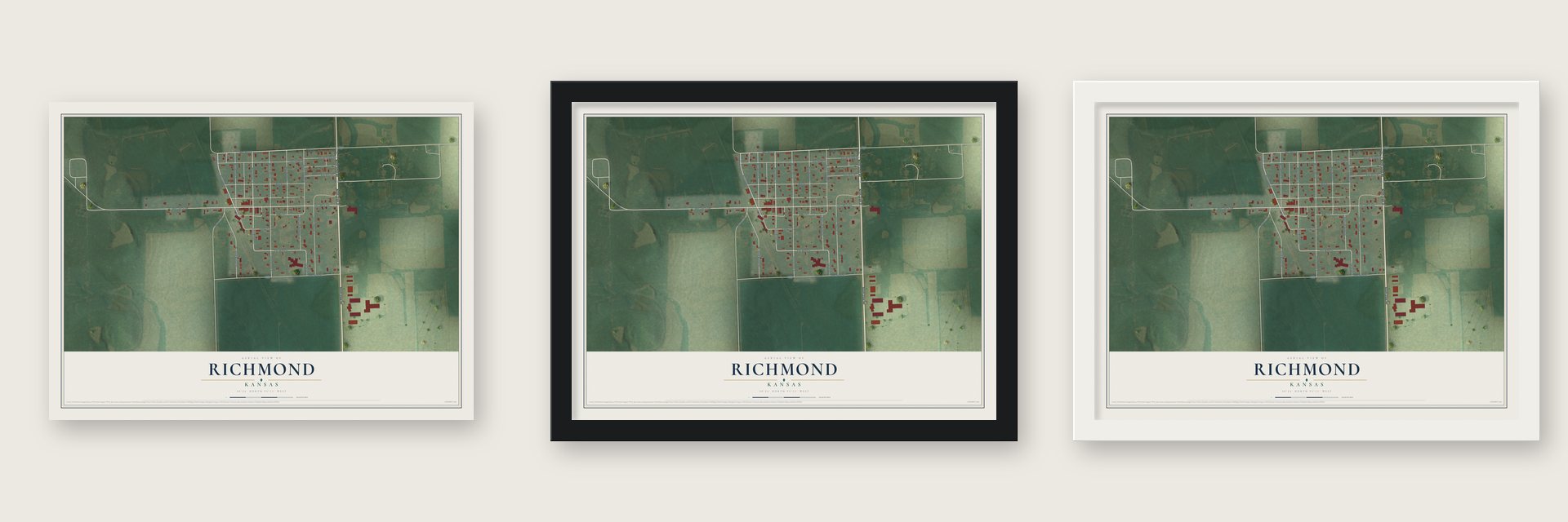 Richmond, Kansas map unframed, in a black wood frame and in a white wood frame