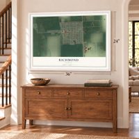Richmond, Kansas map, 24 x 36 inch print in a white frame above a dresser by a staircase