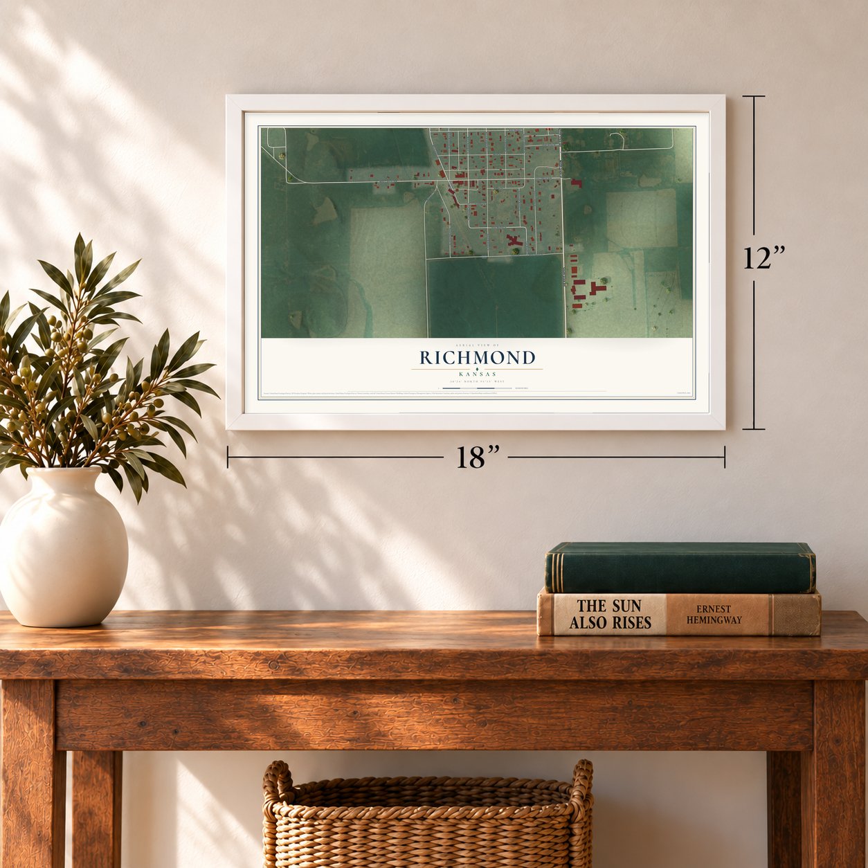 Richmond, Kansas map, 12 x 18 inch print in a white frame in an entryway