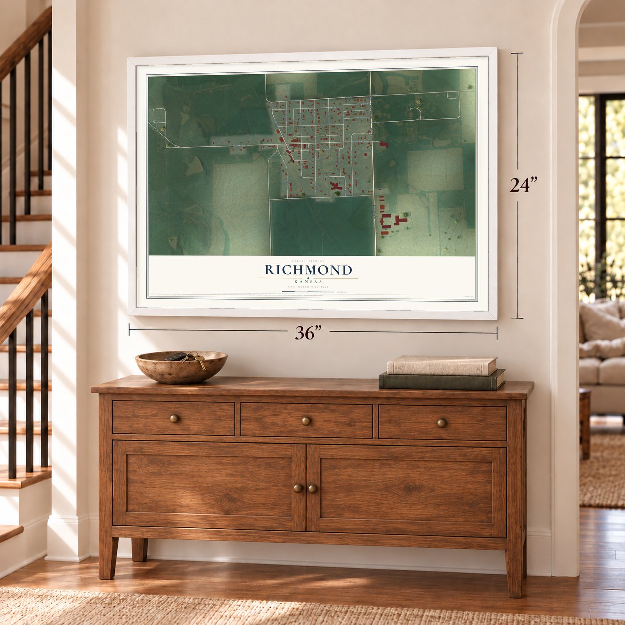 Richmond, Kansas map, 24 x 36 inch print in a white frame above a dresser by a staircase