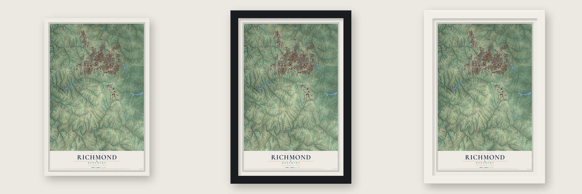 Richmond, Kentucky map unframed, in a black wood frame and in a white wood frame