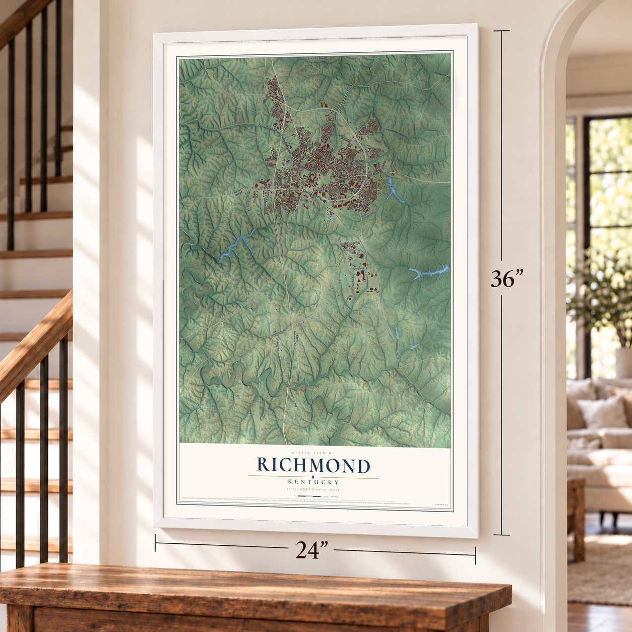 Richmond, Kentucky map, 24 x 36 inch print in a white frame by a staircase