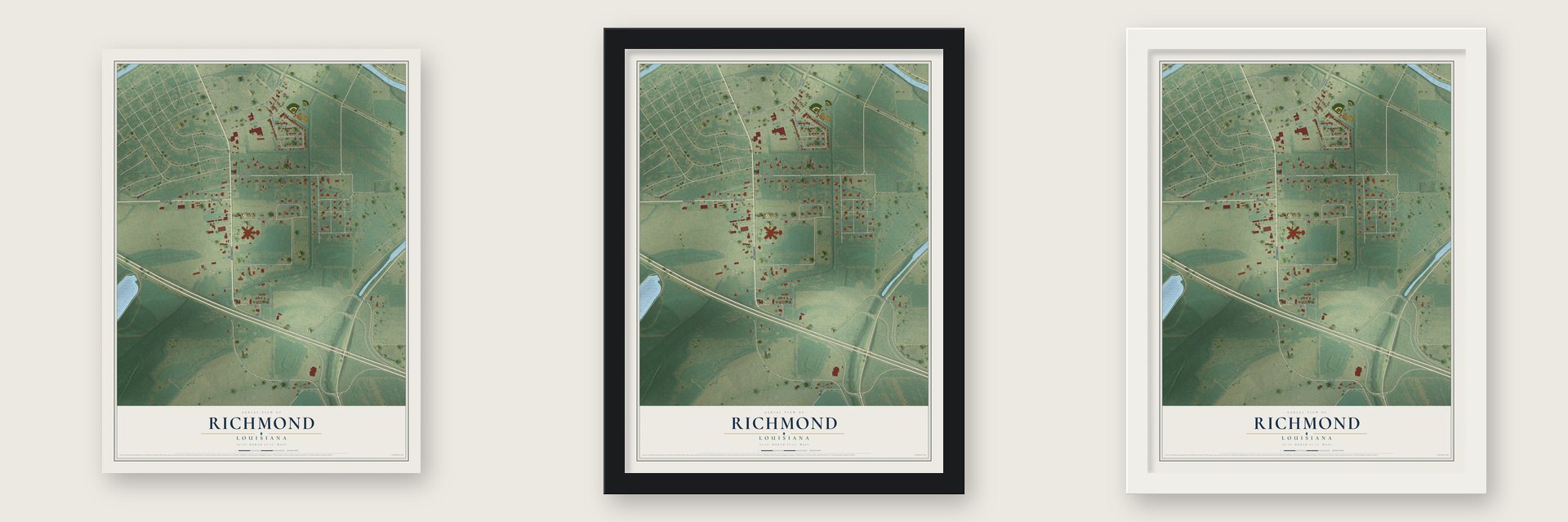 Richmond, Louisiana map unframed, in a black wood frame and in a white wood frame
