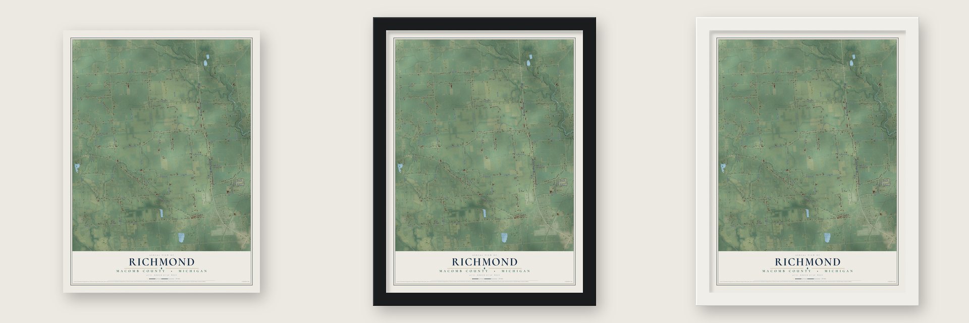 Richmond, Macomb County, Michigan map unframed, in a black wood frame and in a white wood frame