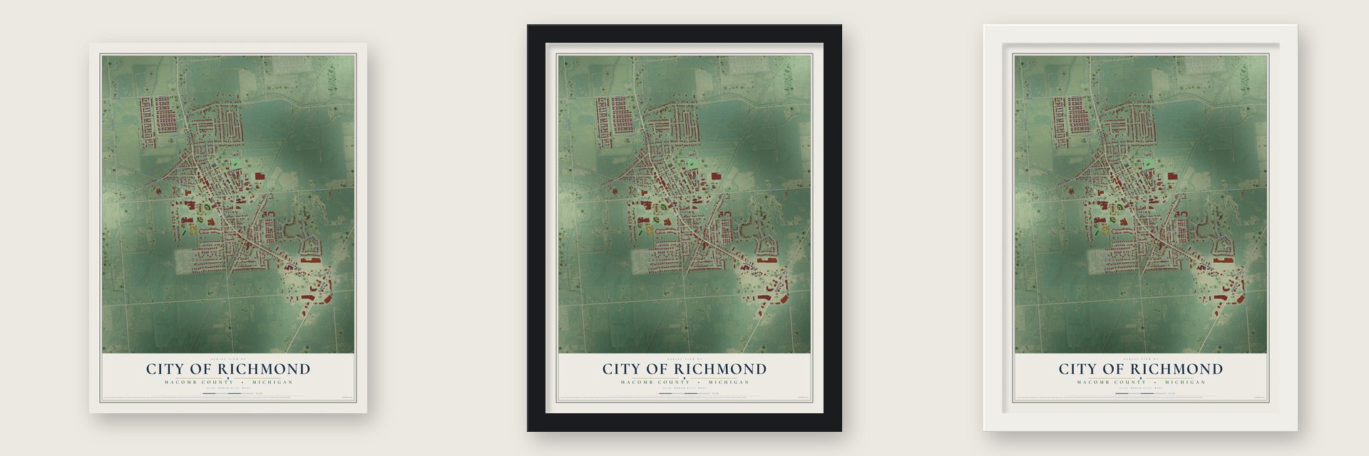 Richmond, Michigan map unframed, in a black wood frame and in a white wood frame