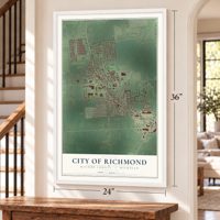 Richmond, Michigan map, 24 x 36 inch print in a white frame by a staircase