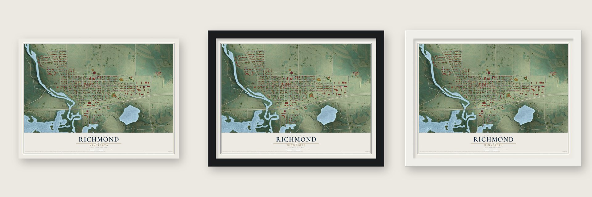 Richmond, Minnesota map unframed, in a black wood frame and in a white wood frame
