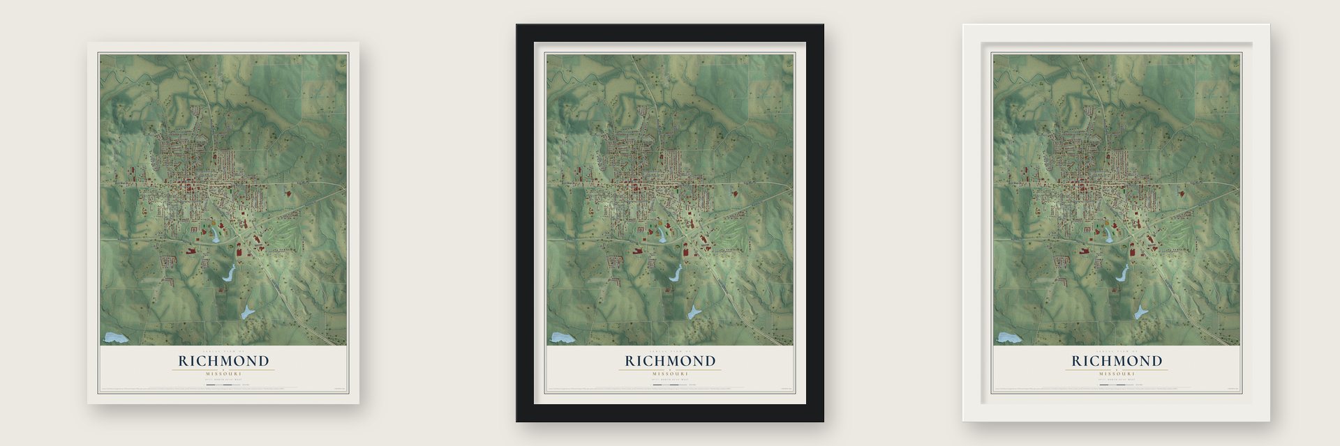 Richmond, Missouri map unframed, in a black wood frame and in a white wood frame