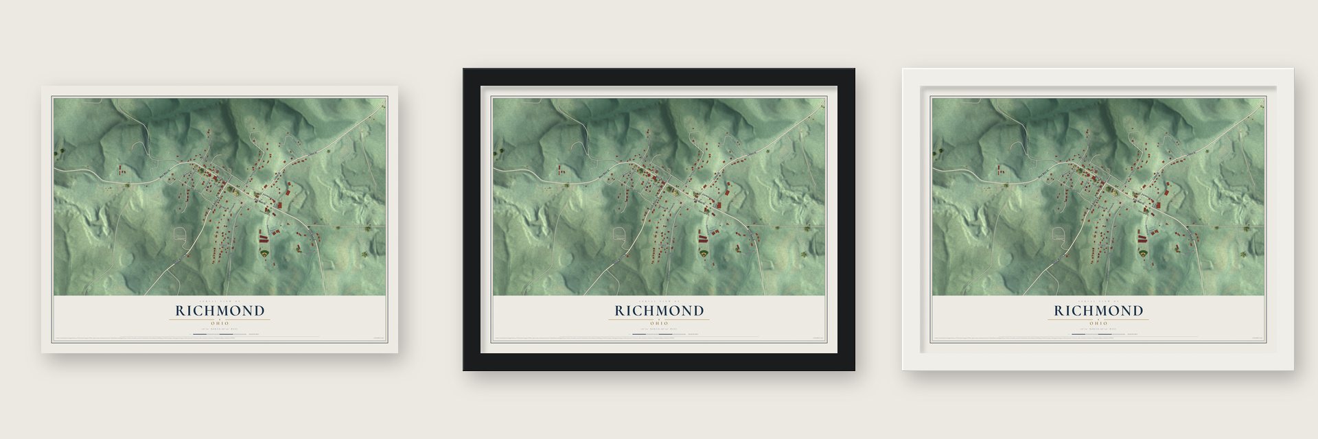 Richmond, Ohio map unframed, in a black wood frame and in a white wood frame