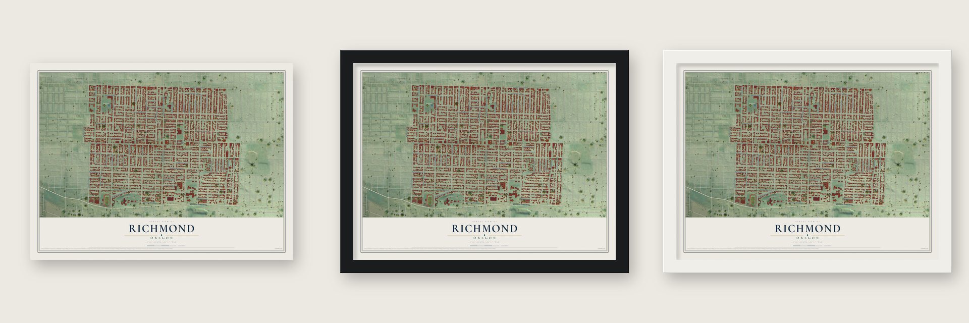 Richmond, Oregon map unframed, in a black wood frame and in a white wood frame