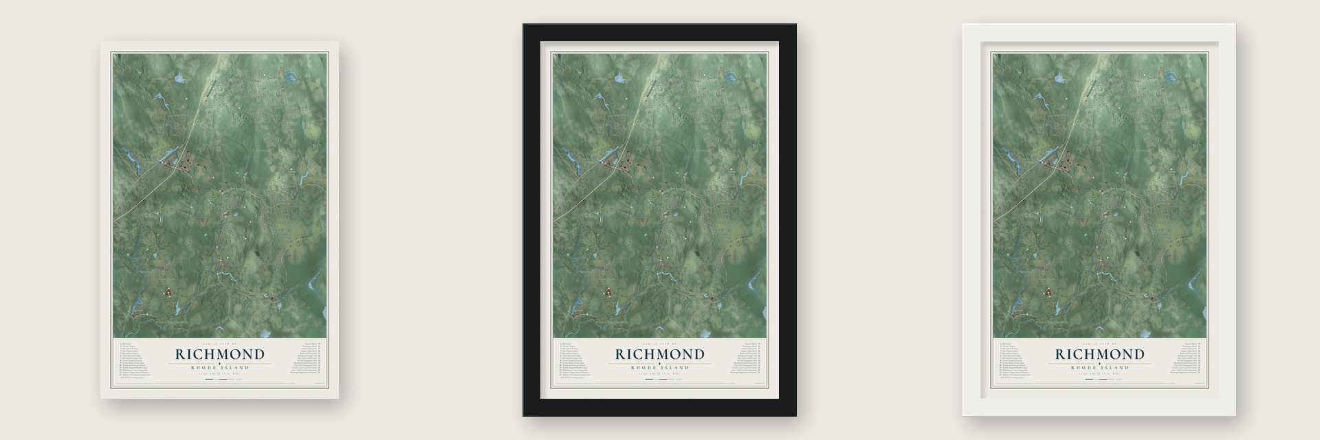 Richmond, Rhode Island map unframed, in a black wood frame and in a white wood frame