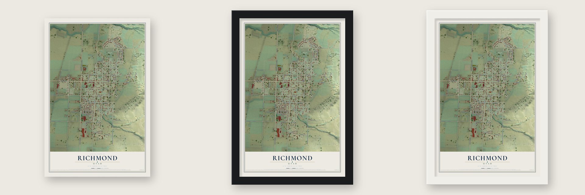 Richmond, Utah map unframed, in a black wood frame and in a white wood frame