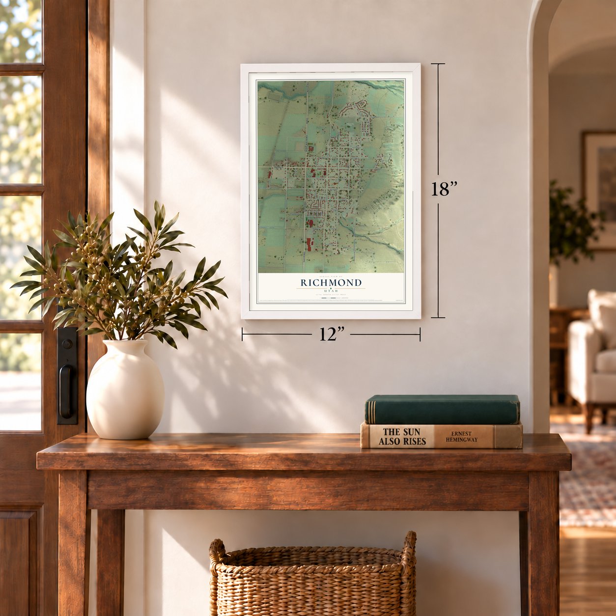 Richmond, Utah map, 12 x 18 inch print in a white frame in an entryway