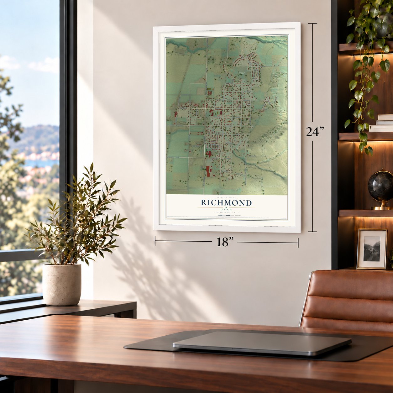 Richmond, Utah map, 18 x 24 inch print in a white frame in a home office