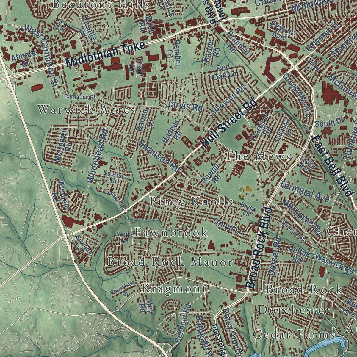 Second close-up of the map of Richmond, Virginia print showing more streets and buildings
