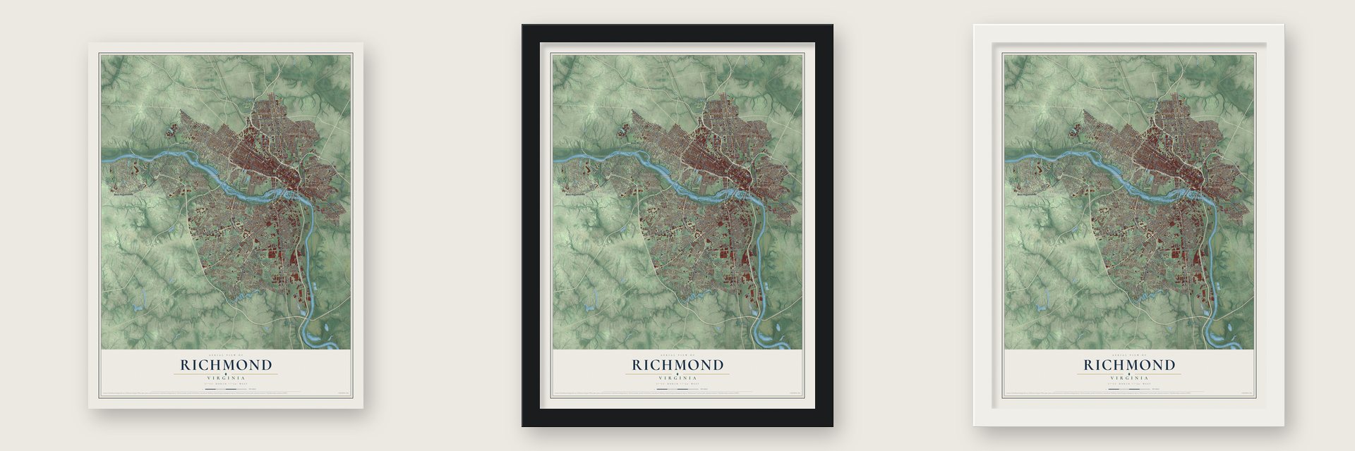 Richmond, Virginia map unframed, in a black wood frame and in a white wood frame