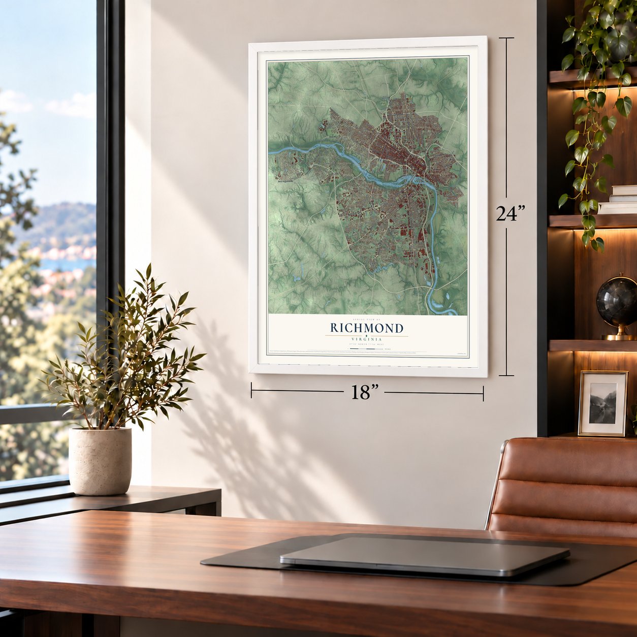 Richmond, Virginia map, 18 x 24 inch print in a white frame in a home office