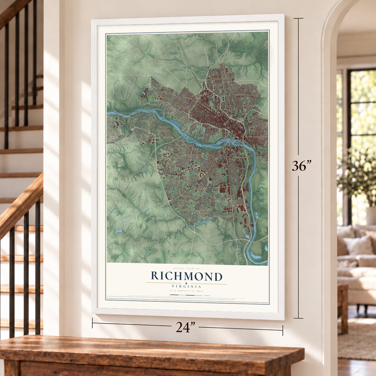 Richmond, Virginia map, 24 x 36 inch print in a white frame by a staircase