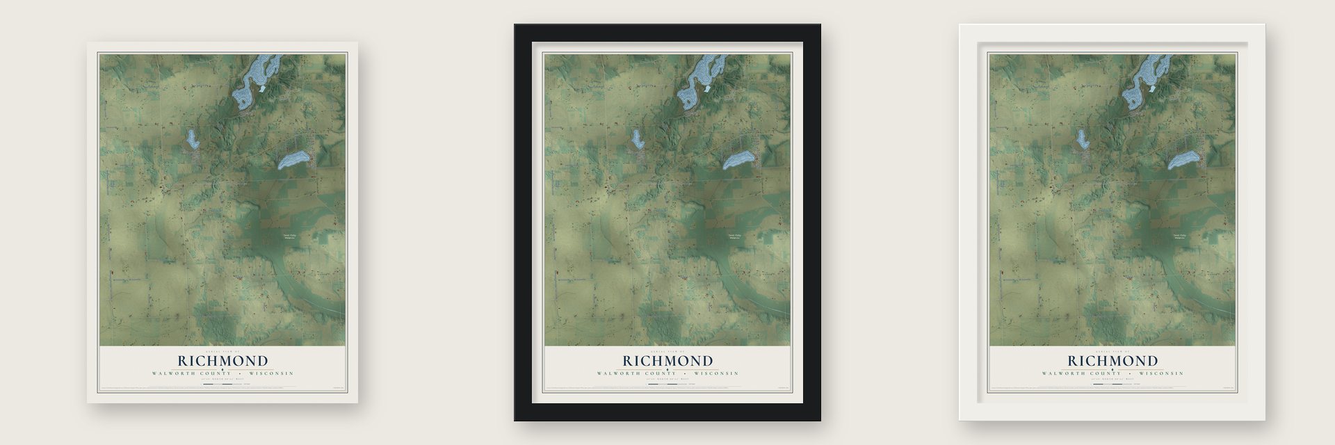 Richmond, Walworth County, Wisconsin map unframed, in a black wood frame and in a white wood frame