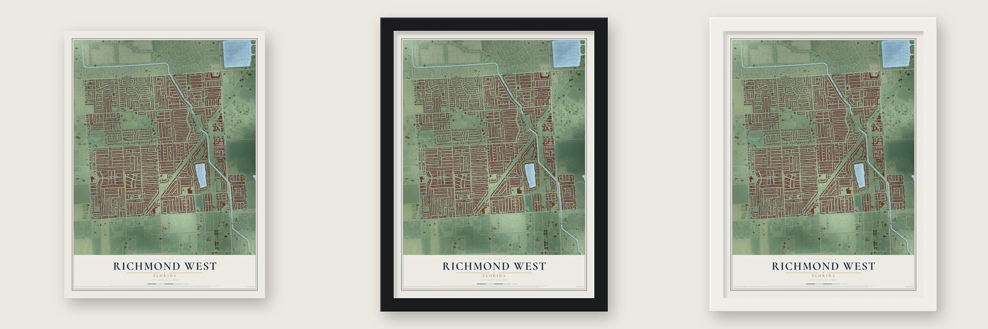 Richmond West, Florida map unframed, in a black wood frame and in a white wood frame