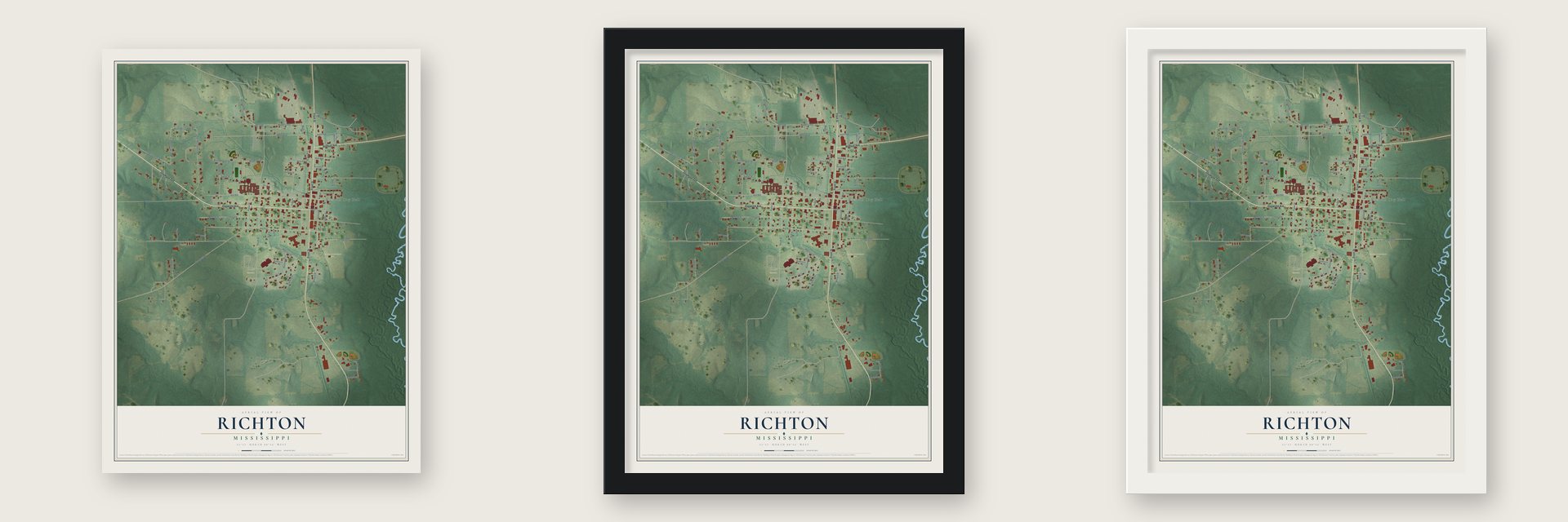 Richton, Mississippi map unframed, in a black wood frame and in a white wood frame