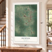 Richton, Mississippi map, 24 x 36 inch print in a white frame by a staircase