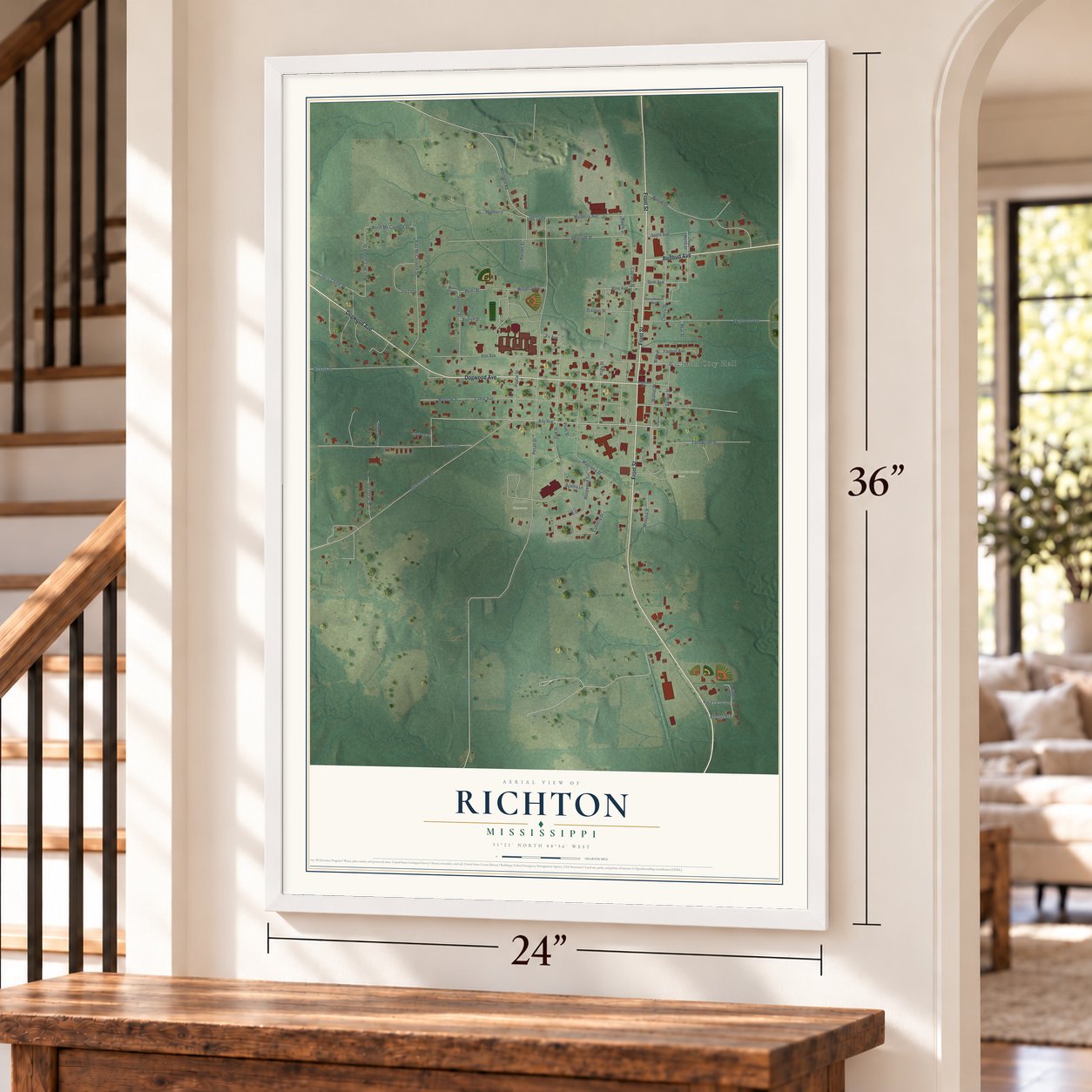 Richton, Mississippi map, 24 x 36 inch print in a white frame by a staircase
