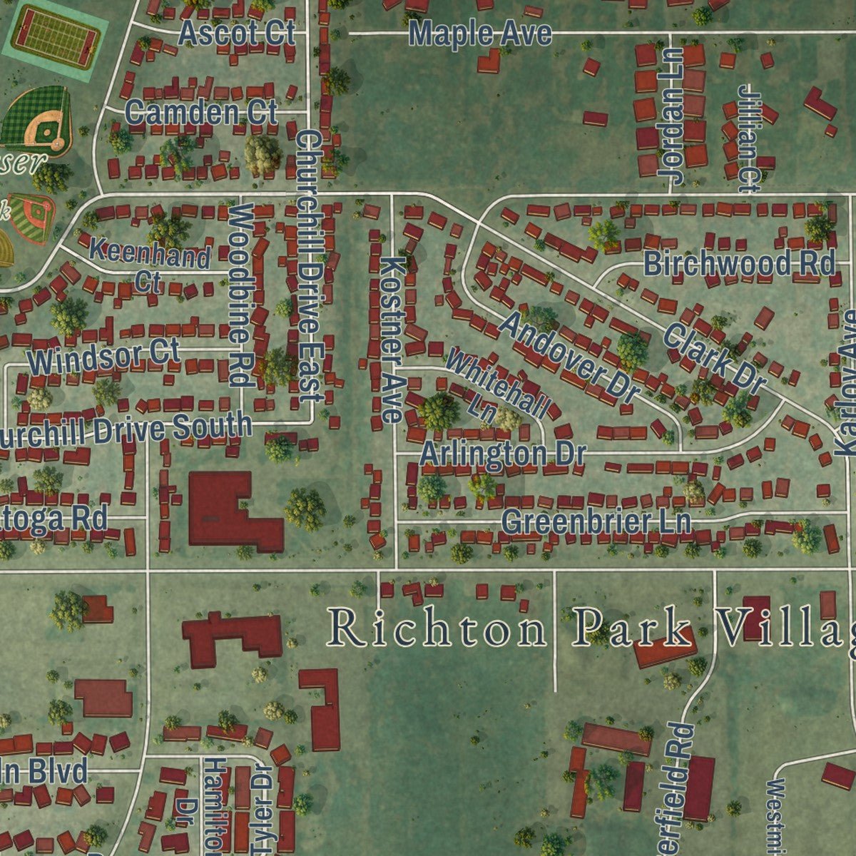 Second close-up of the map of Richton Park, Illinois print showing more streets and buildings