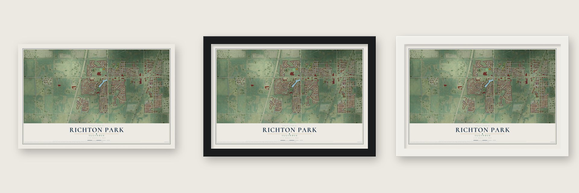 Richton Park, Illinois map unframed, in a black wood frame and in a white wood frame
