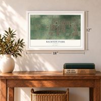 Richton Park, Illinois map, 12 x 18 inch print in a white frame in an entryway