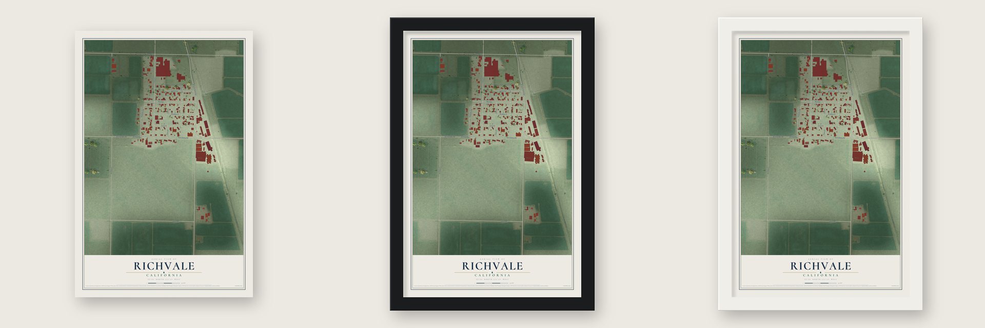 Richvale, California map unframed, in a black wood frame and in a white wood frame