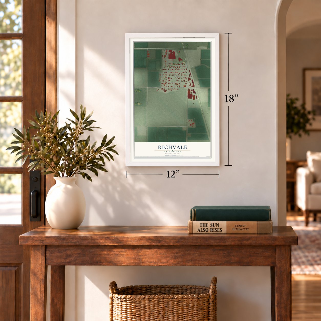 Richvale, California map, 12 x 18 inch print in a white frame in an entryway