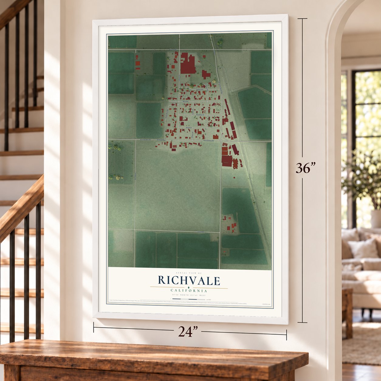 Richvale, California map, 24 x 36 inch print in a white frame by a staircase