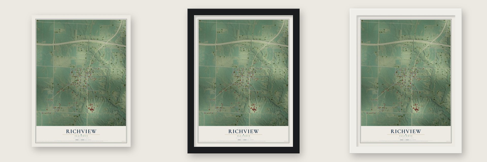 Richview, Illinois map unframed, in a black wood frame and in a white wood frame