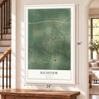 Richview, Illinois map, 24 x 36 inch print in a white frame by a staircase
