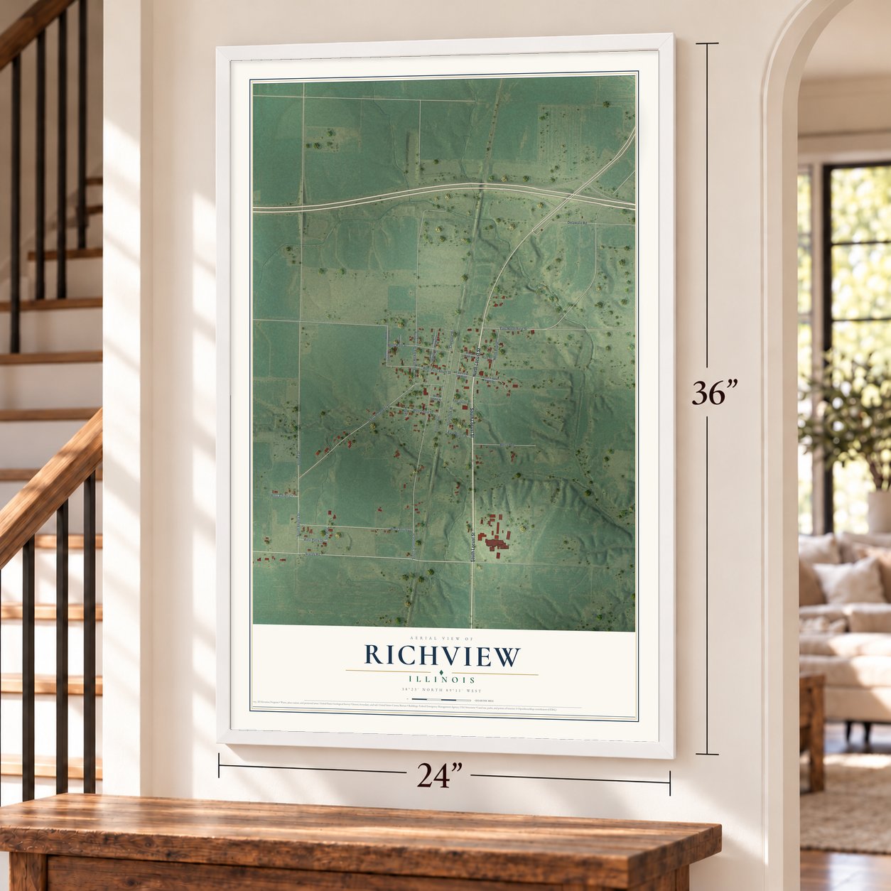 Richview, Illinois map, 24 x 36 inch print in a white frame by a staircase