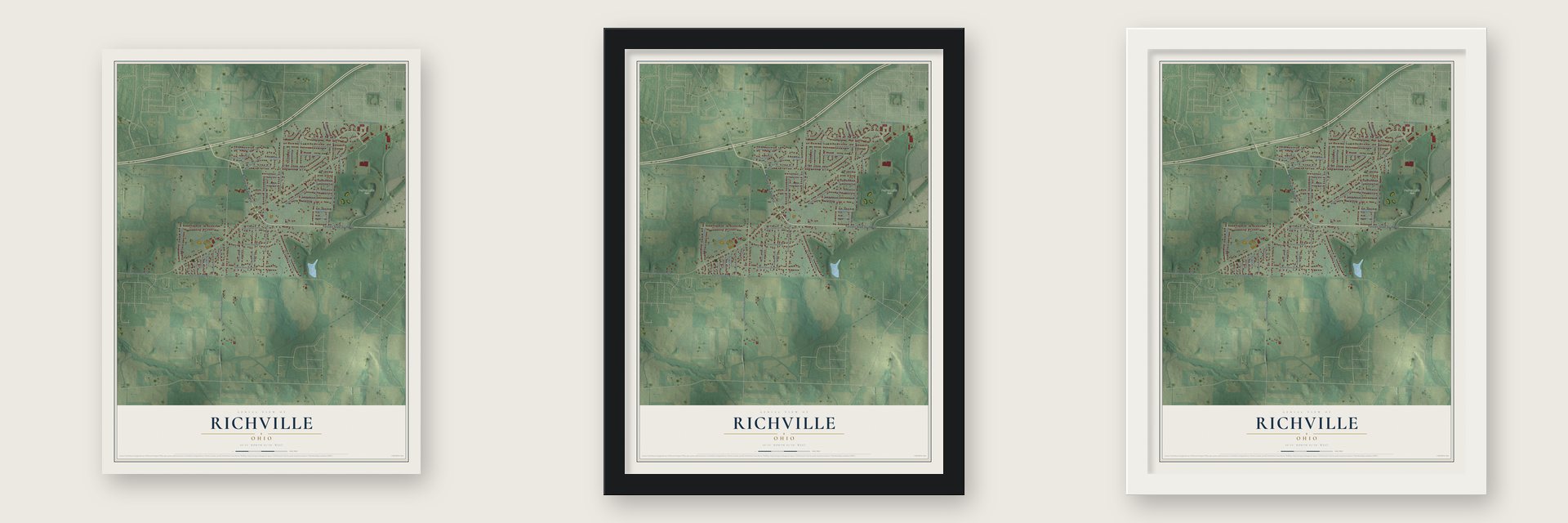 Richville, Ohio map unframed, in a black wood frame and in a white wood frame