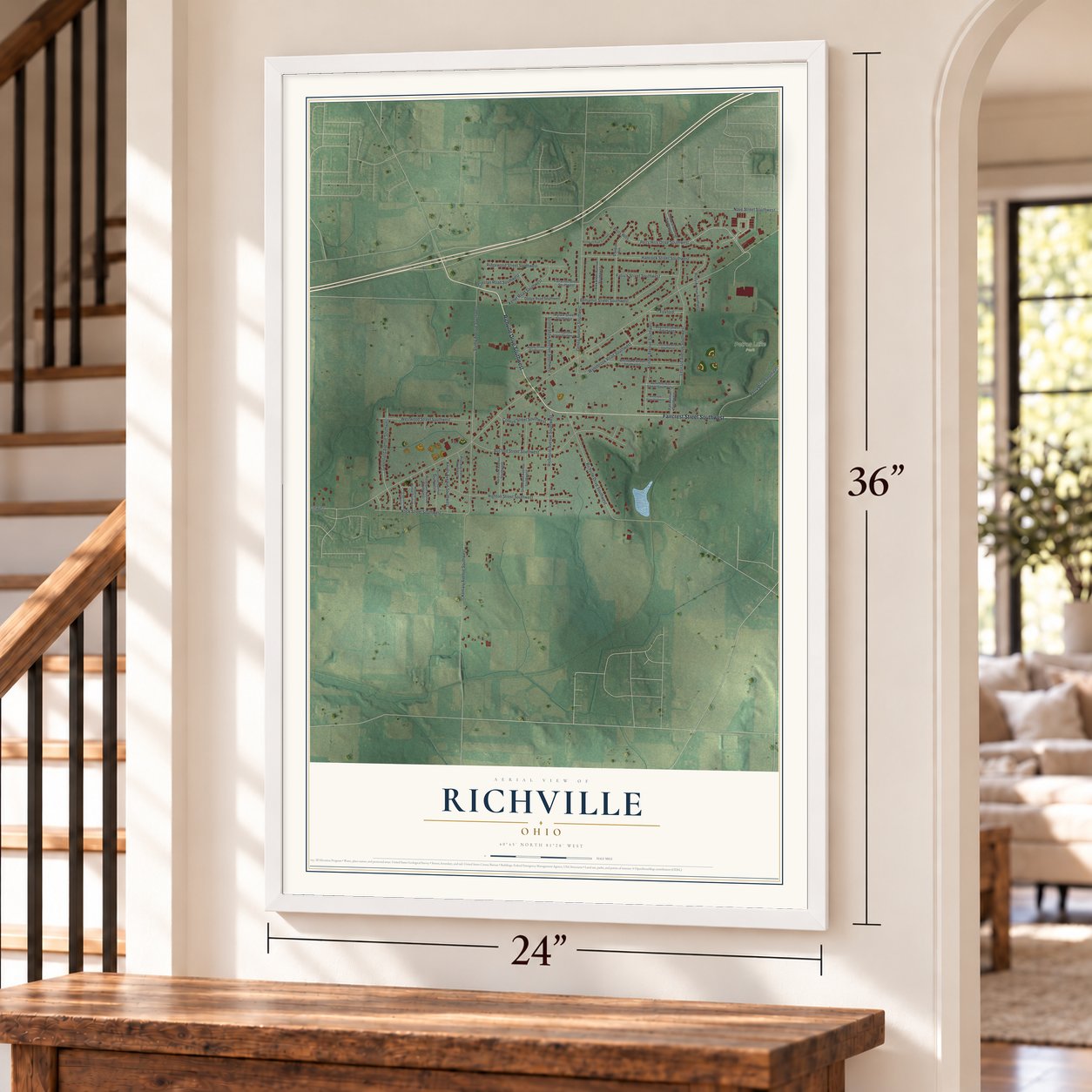 Richville, Ohio map, 24 x 36 inch print in a white frame by a staircase