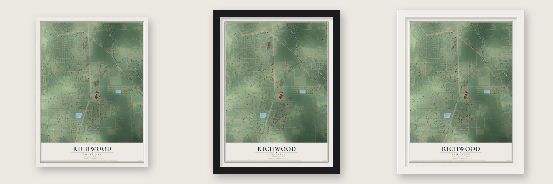 Richwood, Louisiana map unframed, in a black wood frame and in a white wood frame