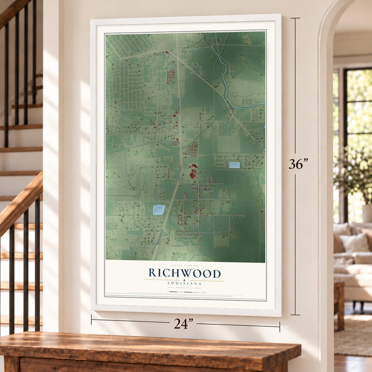 Richwood, Louisiana map, 24 x 36 inch print in a white frame by a staircase