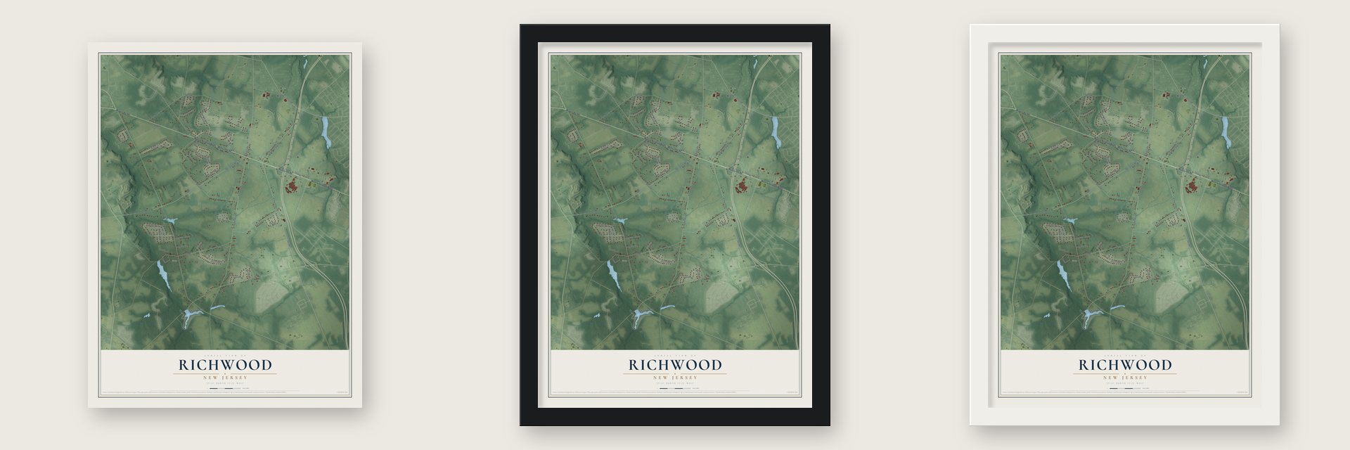 Richwood, New Jersey map unframed, in a black wood frame and in a white wood frame
