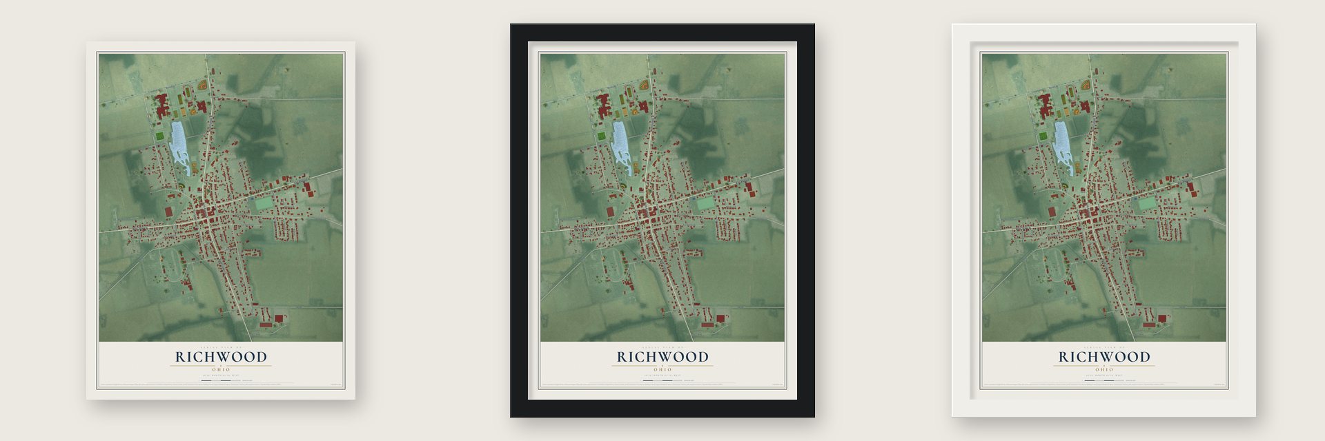 Richwood, Ohio map unframed, in a black wood frame and in a white wood frame