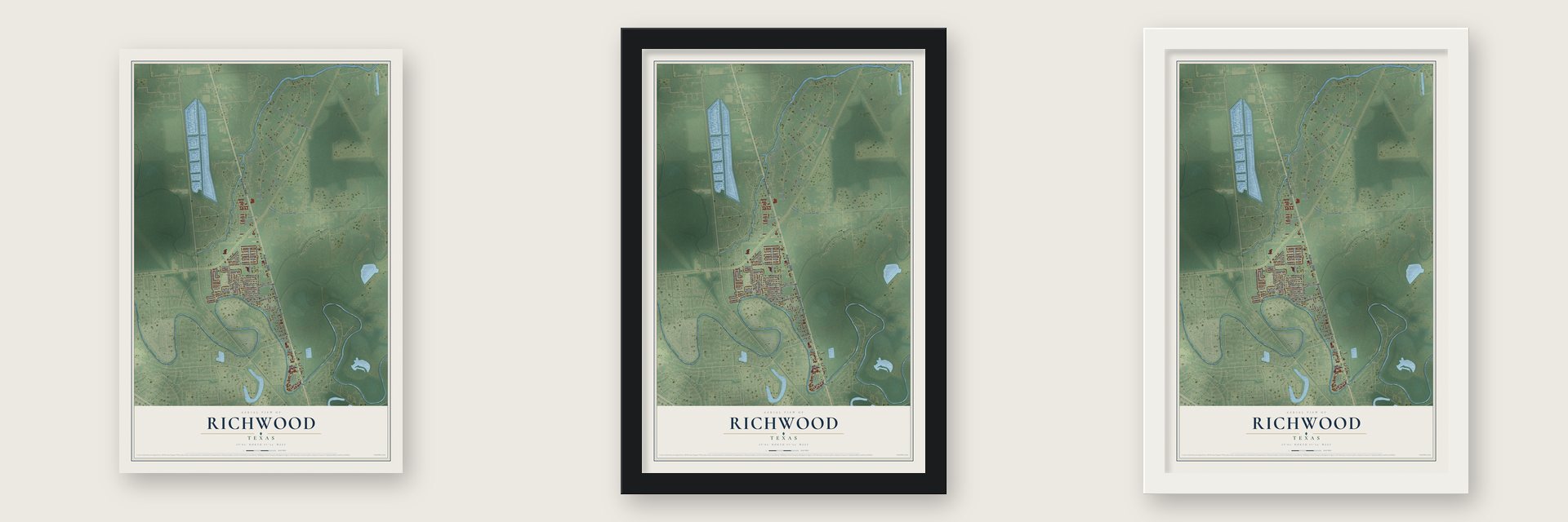 Richwood, Texas map unframed, in a black wood frame and in a white wood frame