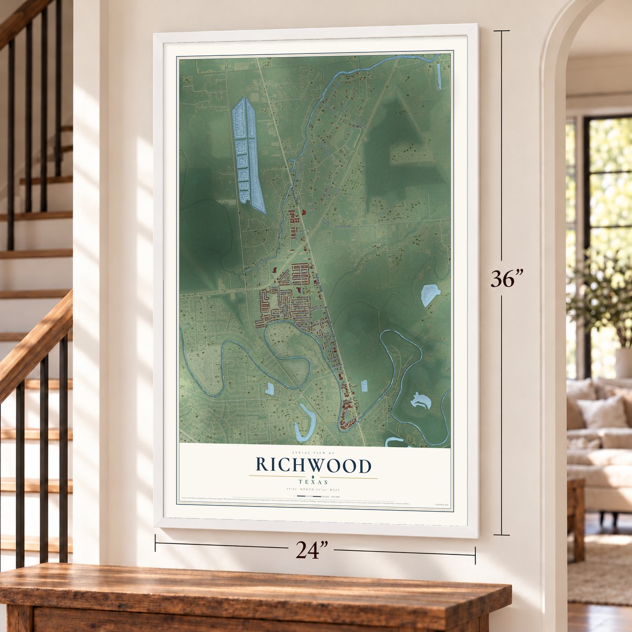 Richwood, Texas map, 24 x 36 inch print in a white frame by a staircase