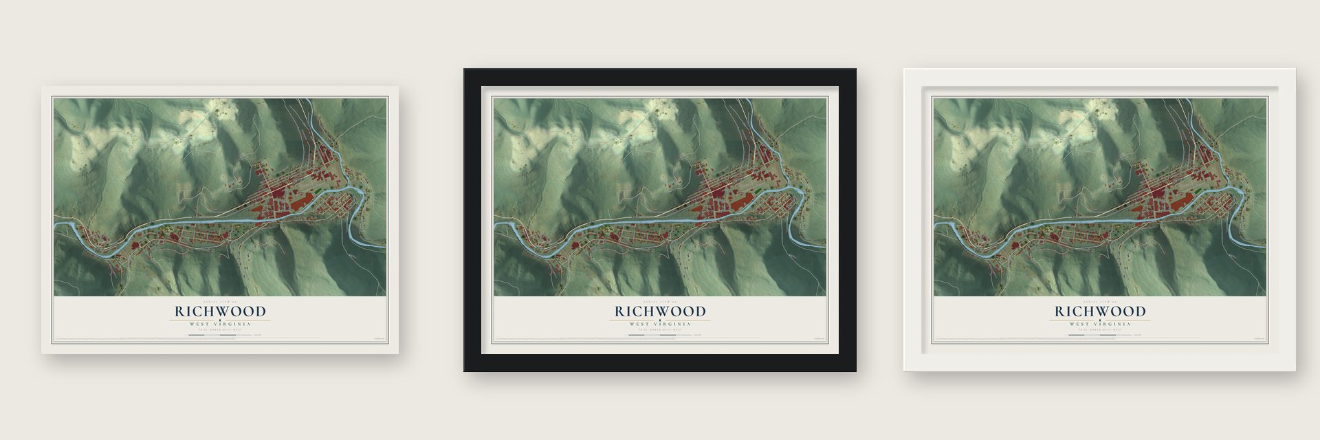 Richwood, West Virginia map unframed, in a black wood frame and in a white wood frame